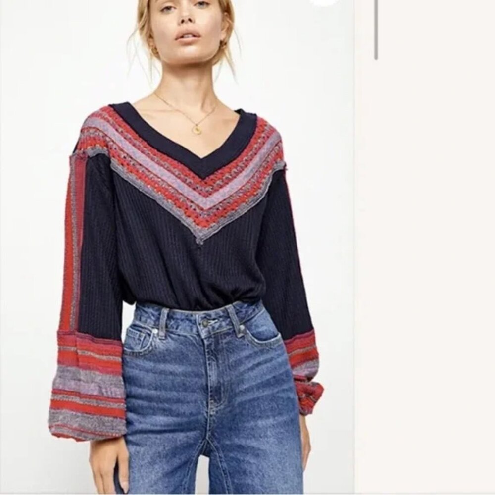 Free‎ People Copenhagen Multicolor Oversized V-Neck Fall Winter Thermal Sweater
